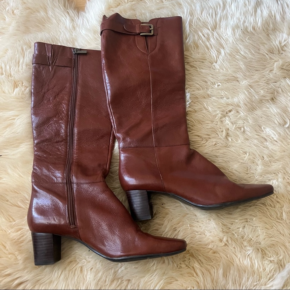 Bandolino Genuine Brown Leather Zip Up Square Toe Calf Boots